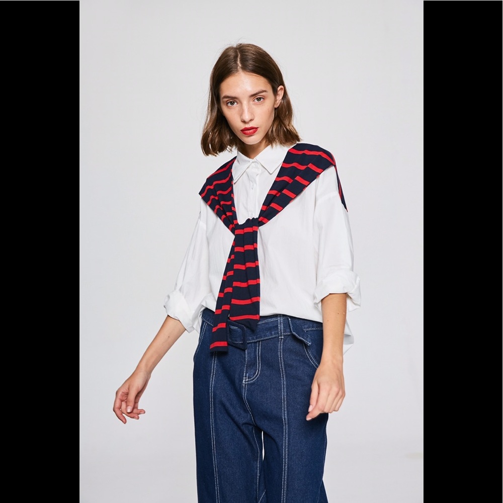Few Moda white button-down with built-in sweater